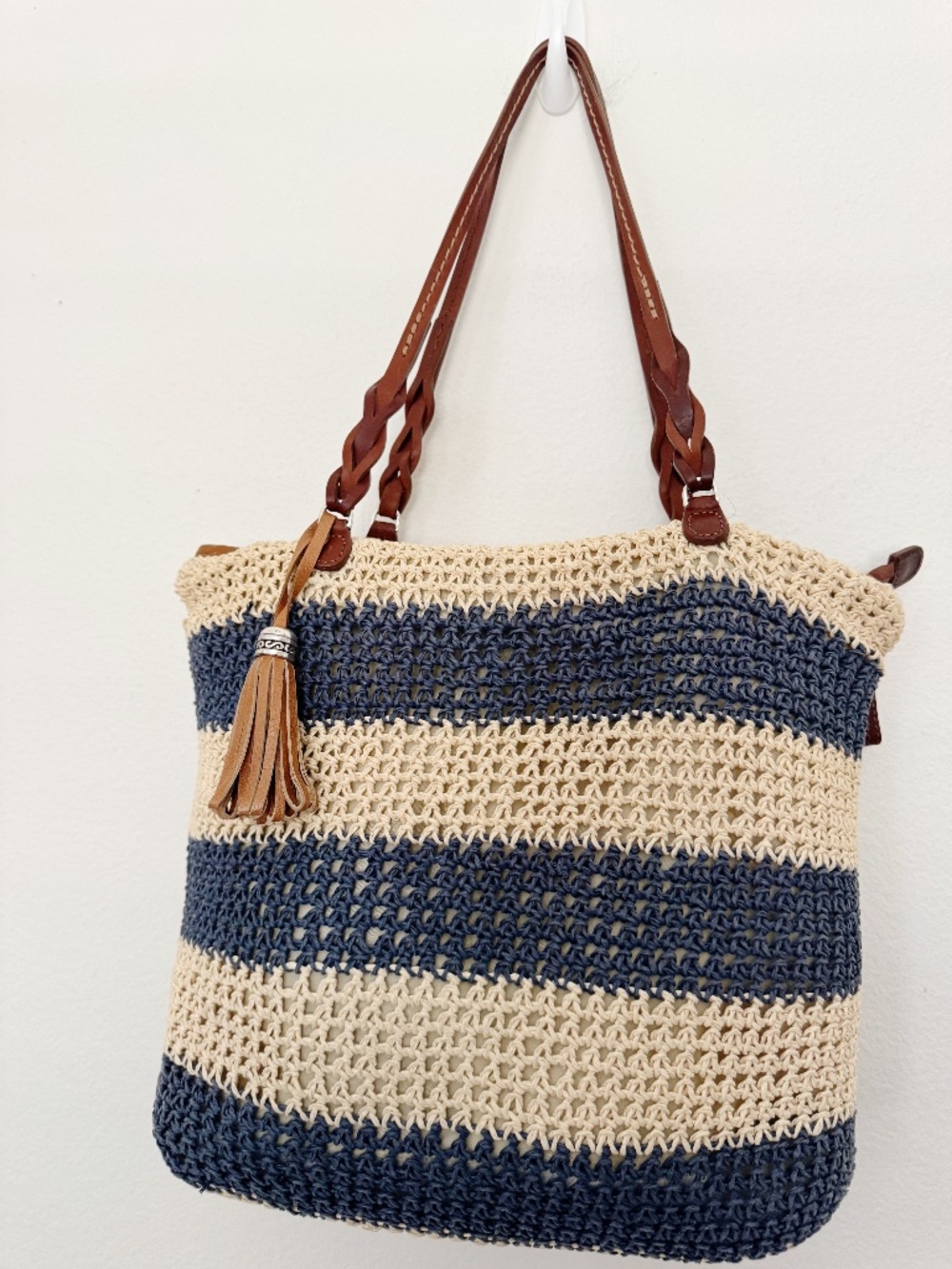 Brighton Woven Straw Striped Cream Blue w Brown Leather Shoulder Bag